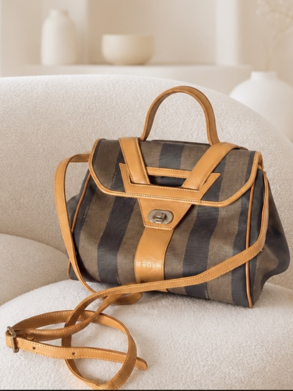 Fendi Pequin Black & Tan Striped Handbag/Crossbody Bag with Leather Trim. - Picture 16 of 17